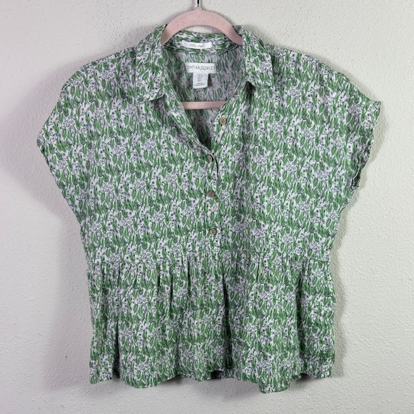 Cynthia Rowley 100% Linen Green Floral Partial Button Down Top Blouse size Small - Picture 2 of 8
